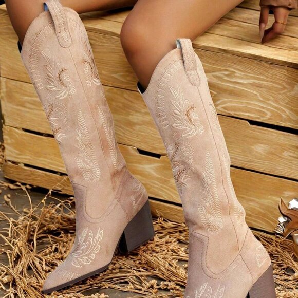 Khaki Western Women's Pointed Toe Embroidered Knee High Riding Boots - Picture 3 of 5